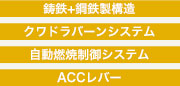 鋳鉄+鋼鉄製構造／クワドラバーンシステム／自動燃焼制御システム／ACCレバー